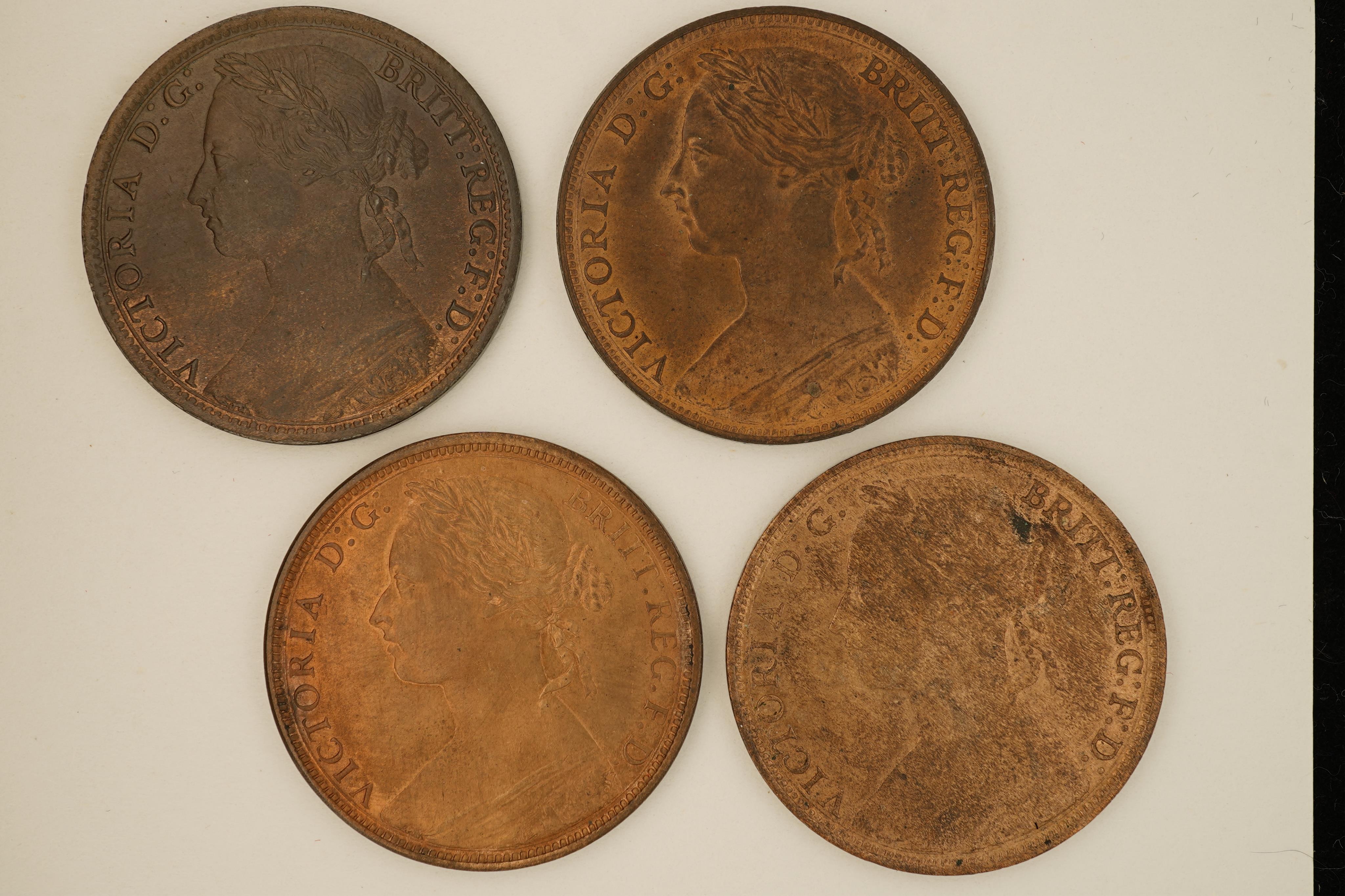 British coins, Victoria, four bronze pennies;, 1881, Fr. 102, Gouby dies M/k, light surface pitting to obv. otherwise near EF, dark toned, patches of lustre, 1882, H below date, Heaton mint, Fr. 115, Gouby dies R/r, cris